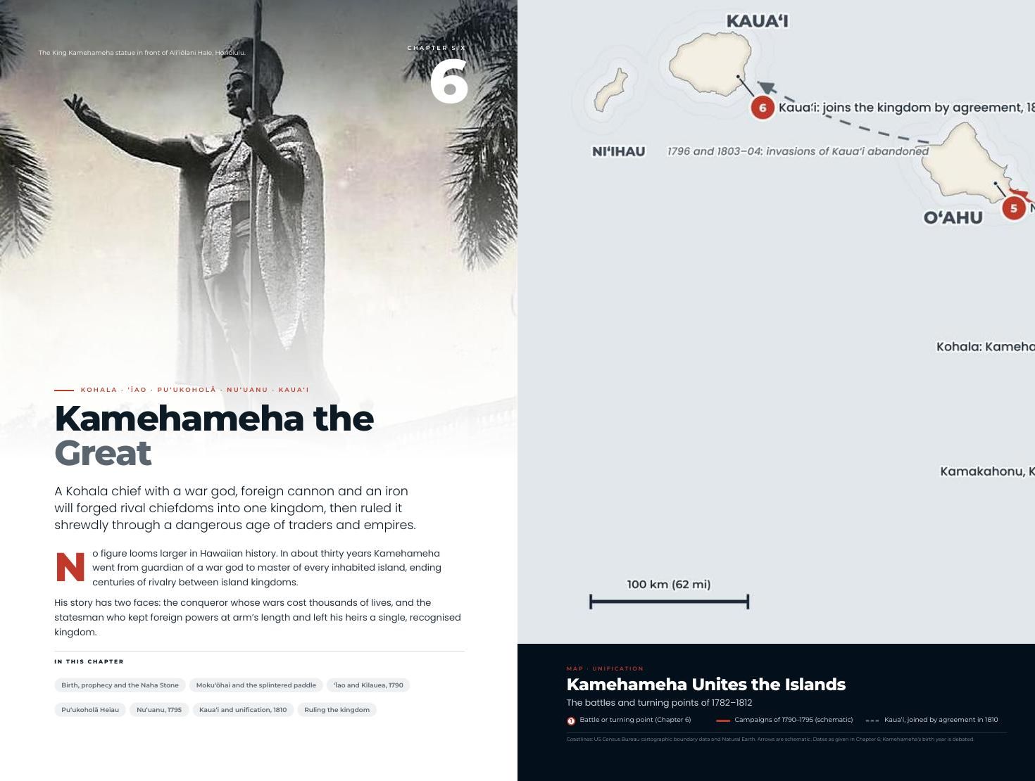 Inside the book: Chapter 6, Kamehameha the Great, with the map of his campaigns