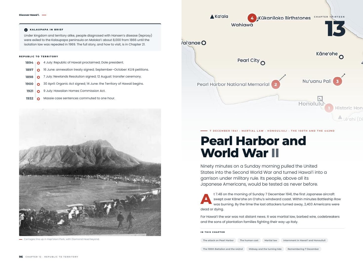 Inside the book: Chapter 13, Pearl Harbor and World War II, with the Oʻahu map