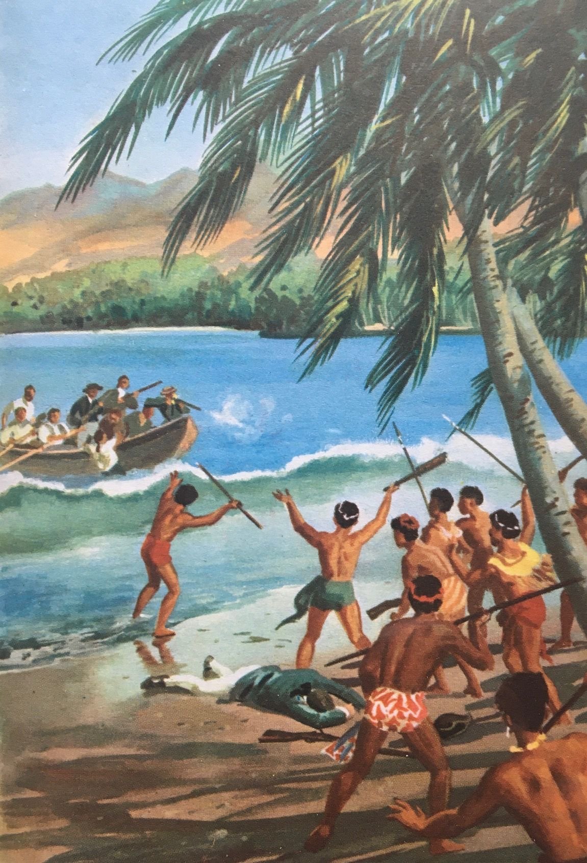 Illustration of a British boat pulling away from a beach while warriors with spears stand over a fallen figure