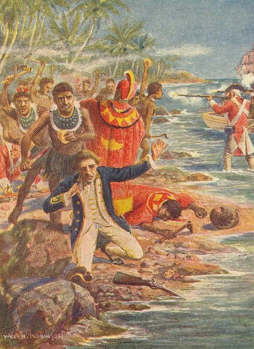 Illustration of Captain Cook falling on the rocky shore as warriors advance and marines fire from a boat