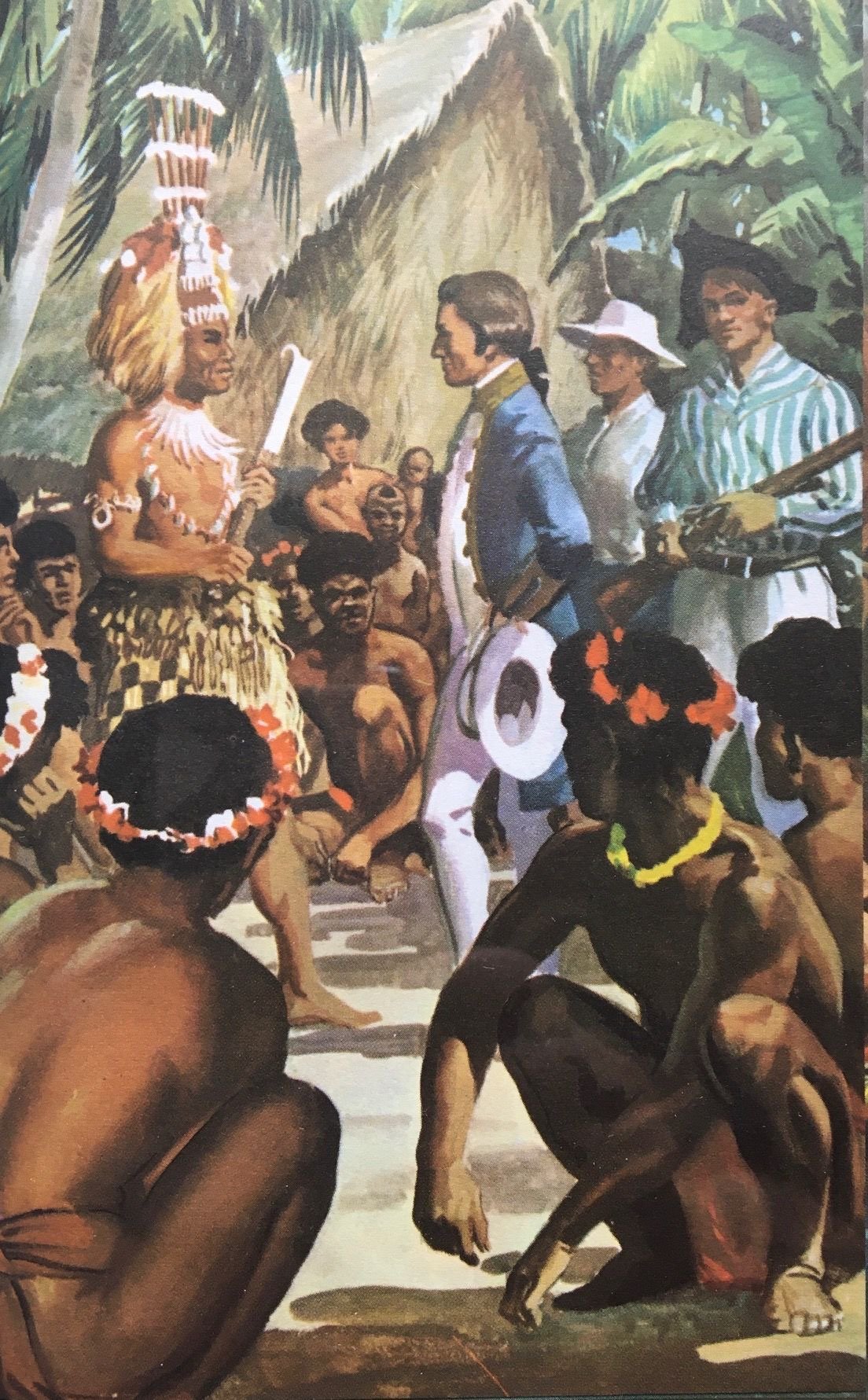 Twentieth-century book illustration imagining Captain Cook in naval uniform meeting a chief in a feathered headdress, with seated islanders and thatched houses around them