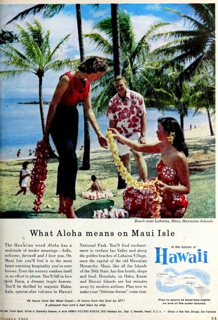 Magazine advert showing a woman offering a lei to visitors on a beach near Lahaina, Maui, with text about the outer islands