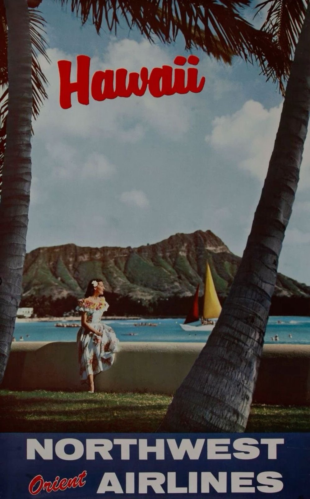 Airline poster showing a woman in a long holokū gown by a seawall, with Diamond Head and a catamaran behind her and the word Hawaii