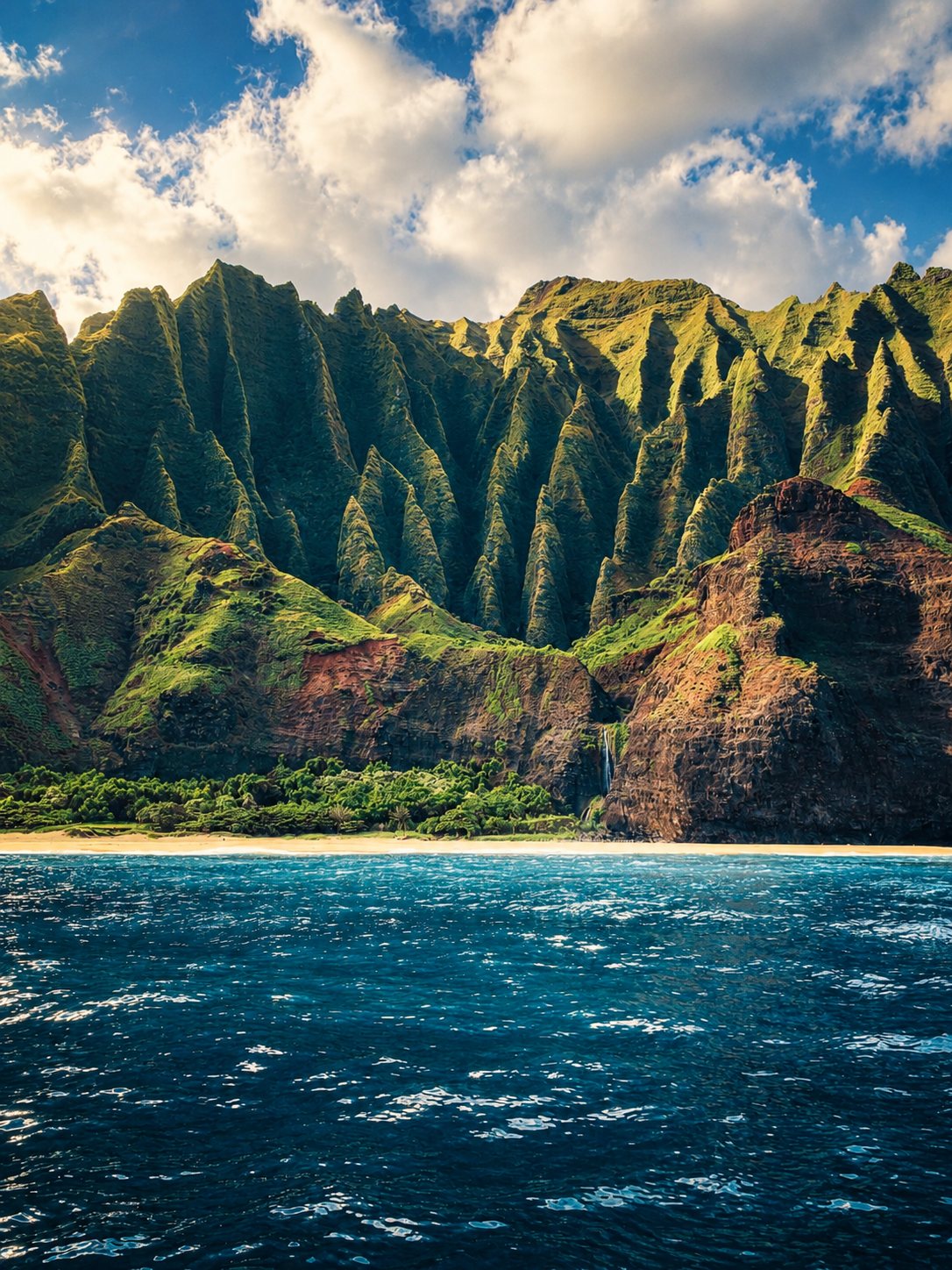 The fluted green sea cliffs of the Nā Pali Coast on Kauaʻi