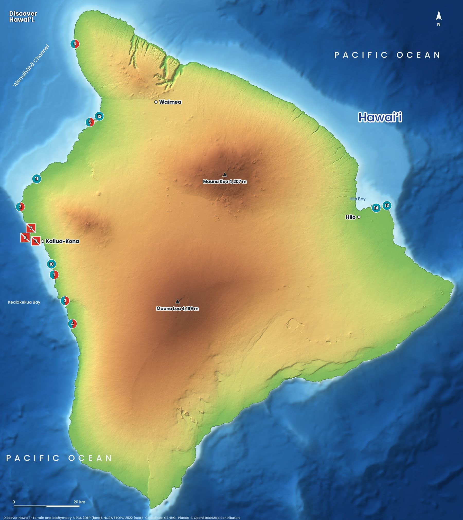 Map of dive and snorkel sites around Hawaii Island