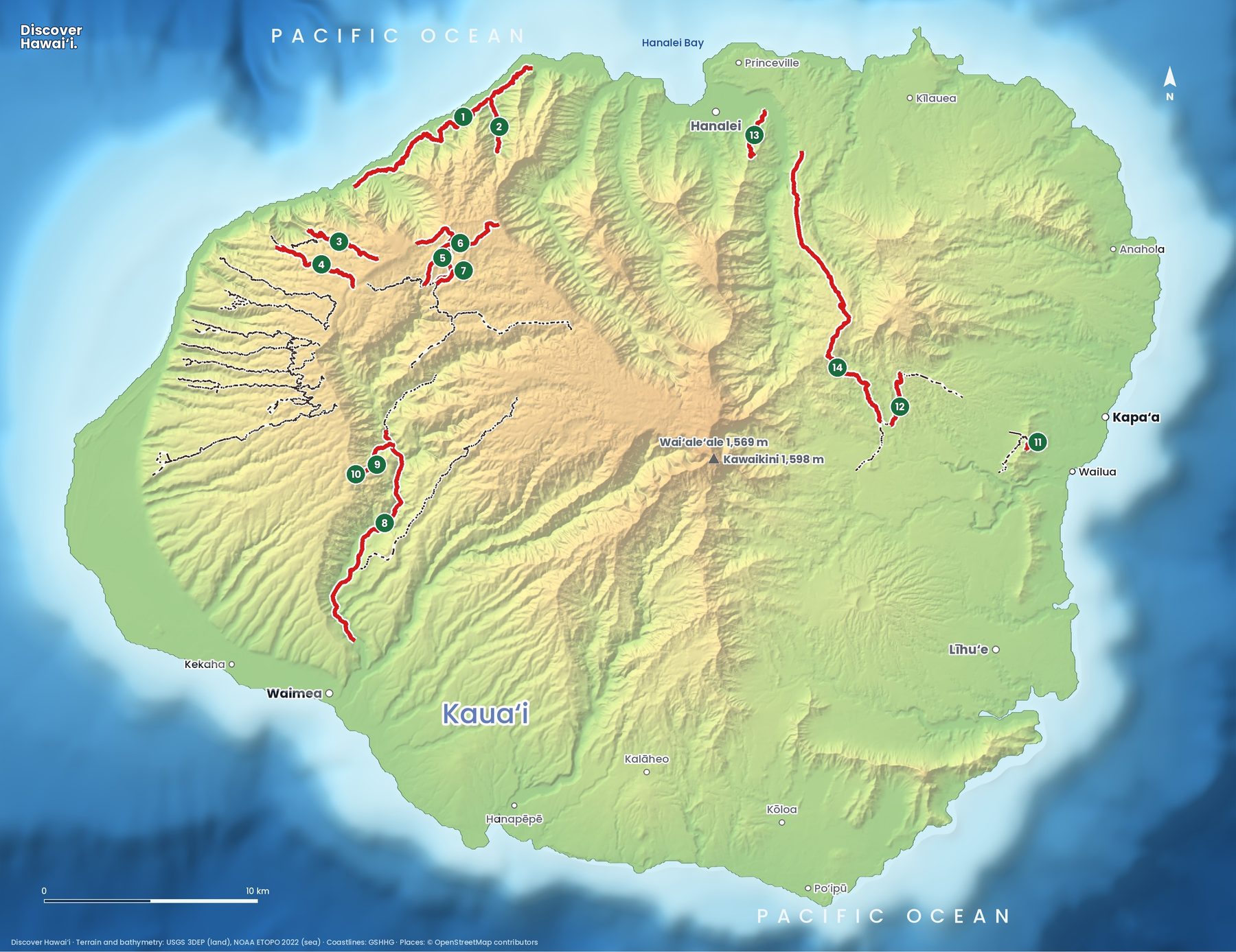 Map: hiking trails on Kauai, 14 featured trails numbered