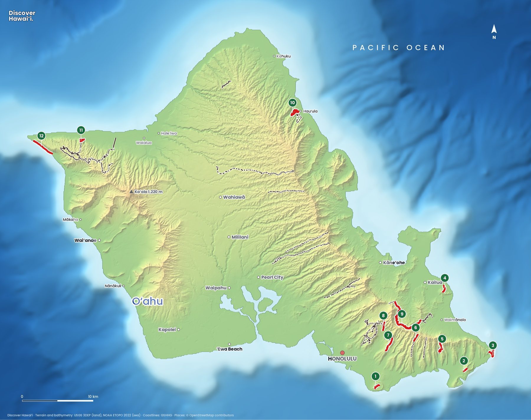 Map: hiking trails on Oahu, 12 featured trails numbered