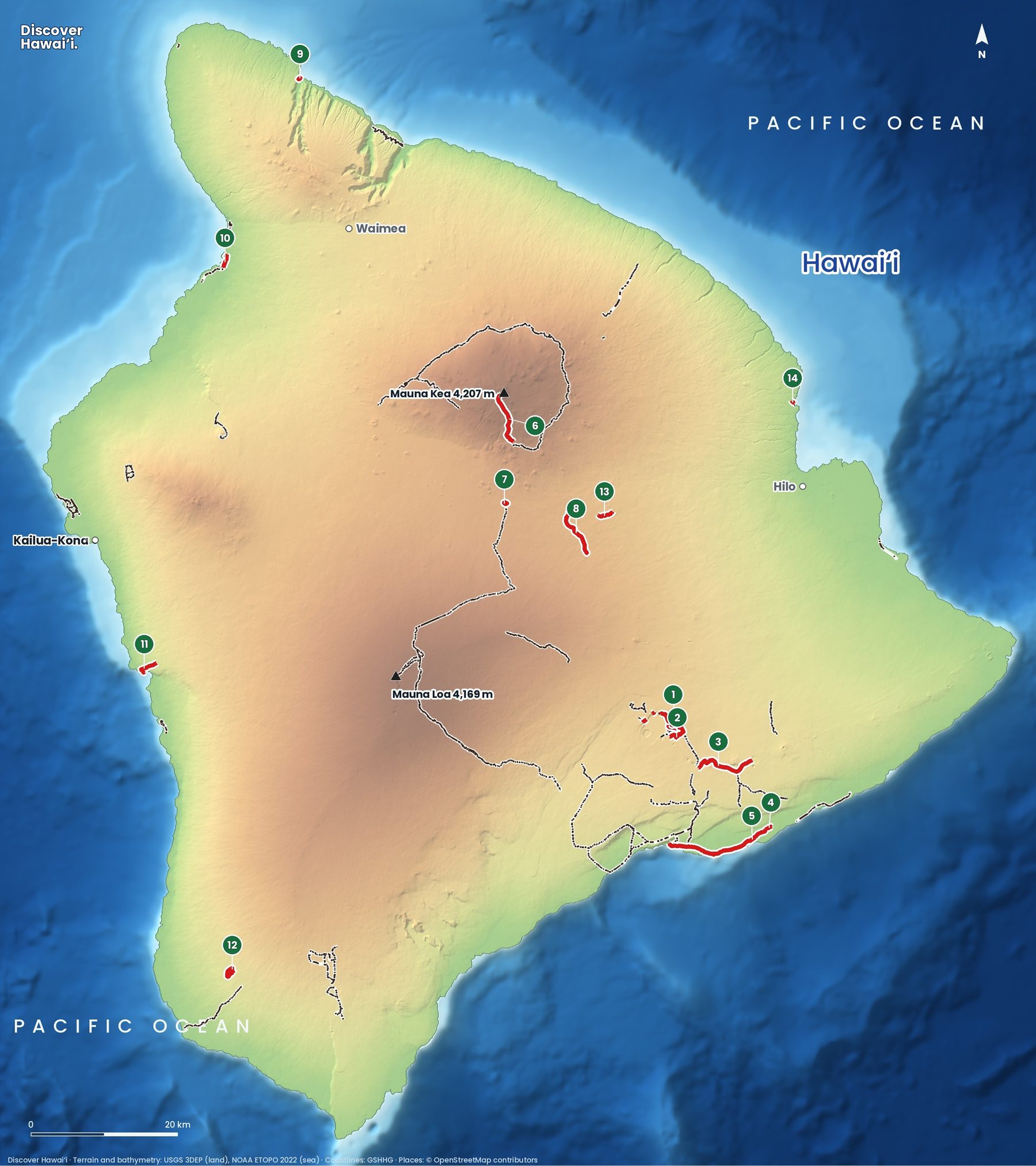 Map of hiking trails on Hawaii Island
