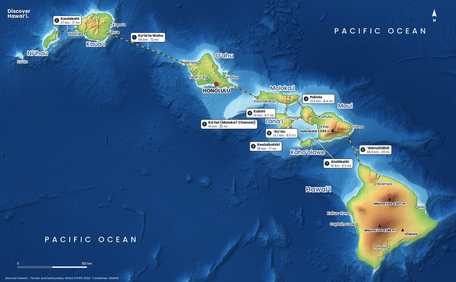 Map of the ocean channels between the Hawaiian Islands