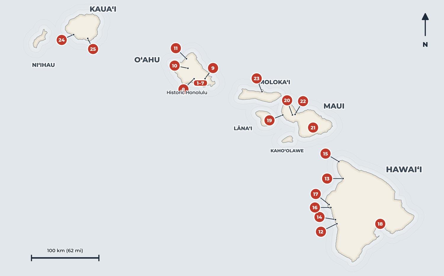 Map of the main historic sites across the Hawaiian Islands