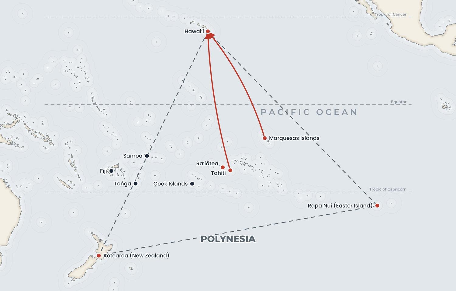 Map of the Polynesian Triangle linking Hawaiʻi, Aotearoa New Zealand and Rapa Nui, with Tahiti near the centre
