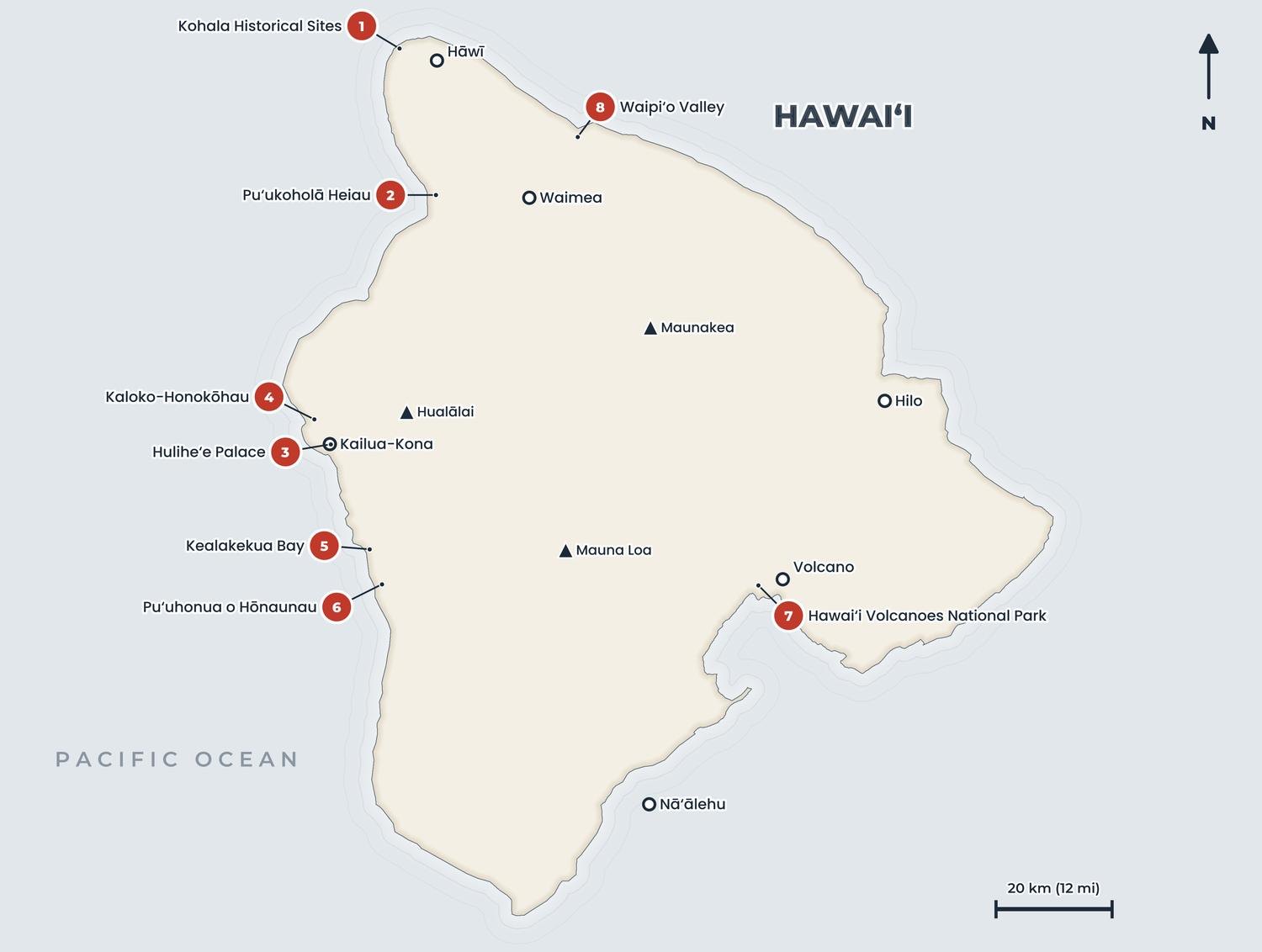 Map of Hawaiʻi Island showing historic sites including Kailua-Kona and Puʻuhonua o Hōnaunau